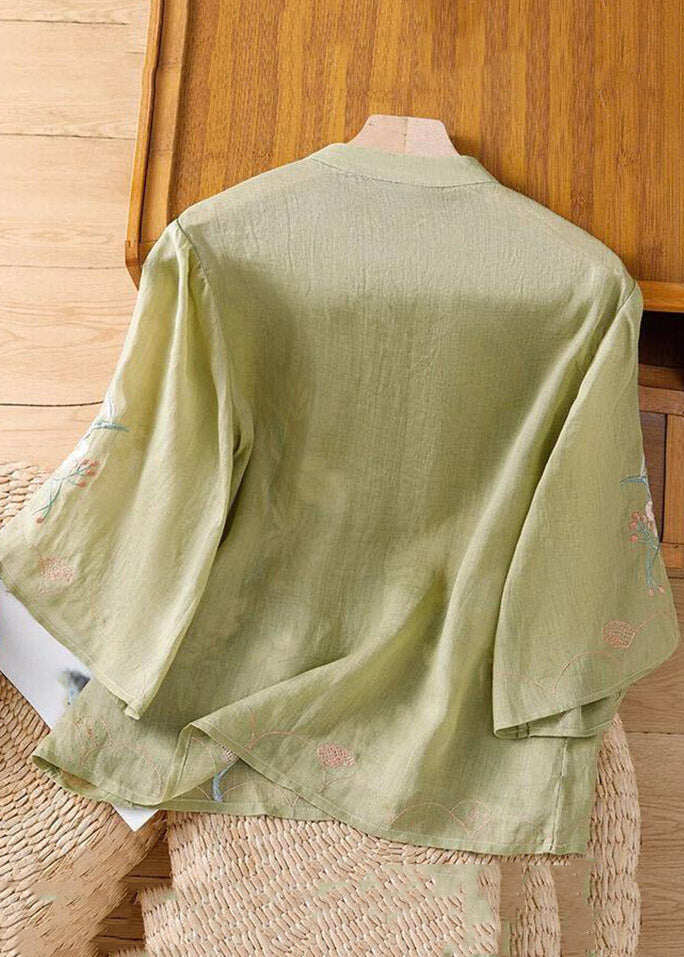 Chinese Style Apricot Embroidered Floral Button Shirt Spring