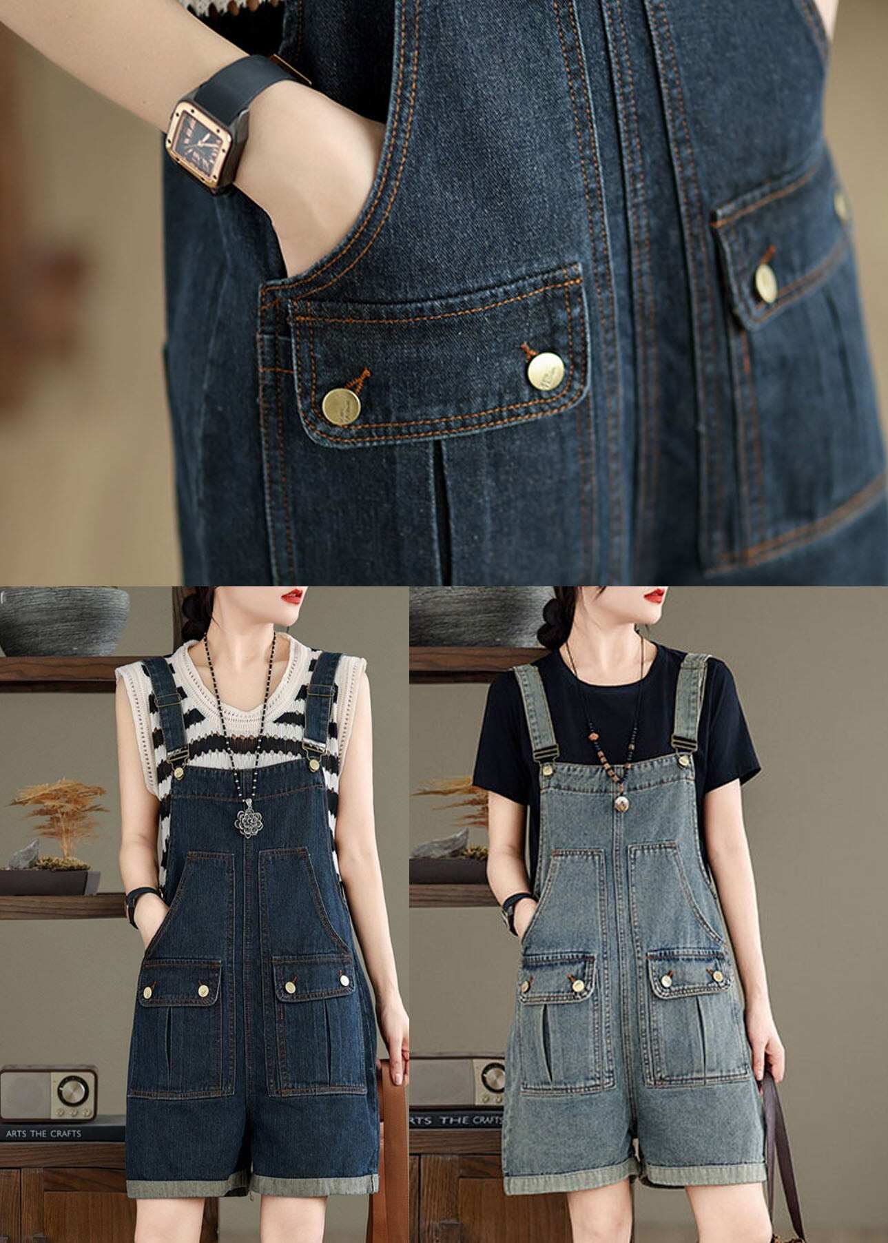 Women Navy Pockets Denim Overalls Jumpsuit Summer