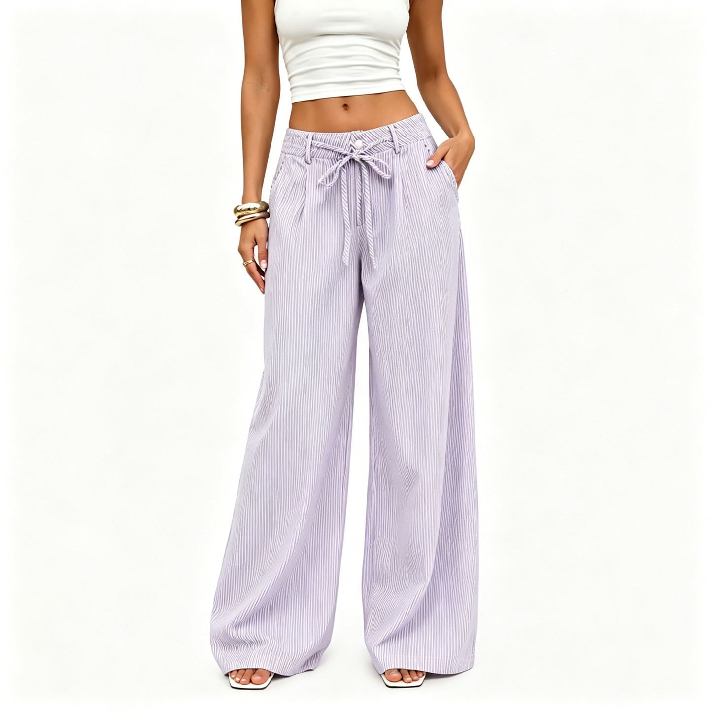 ⚡FINAL SALE⚡- Women's Striped With Pockets Black Baggy Low Rise Wide Leg Pants
