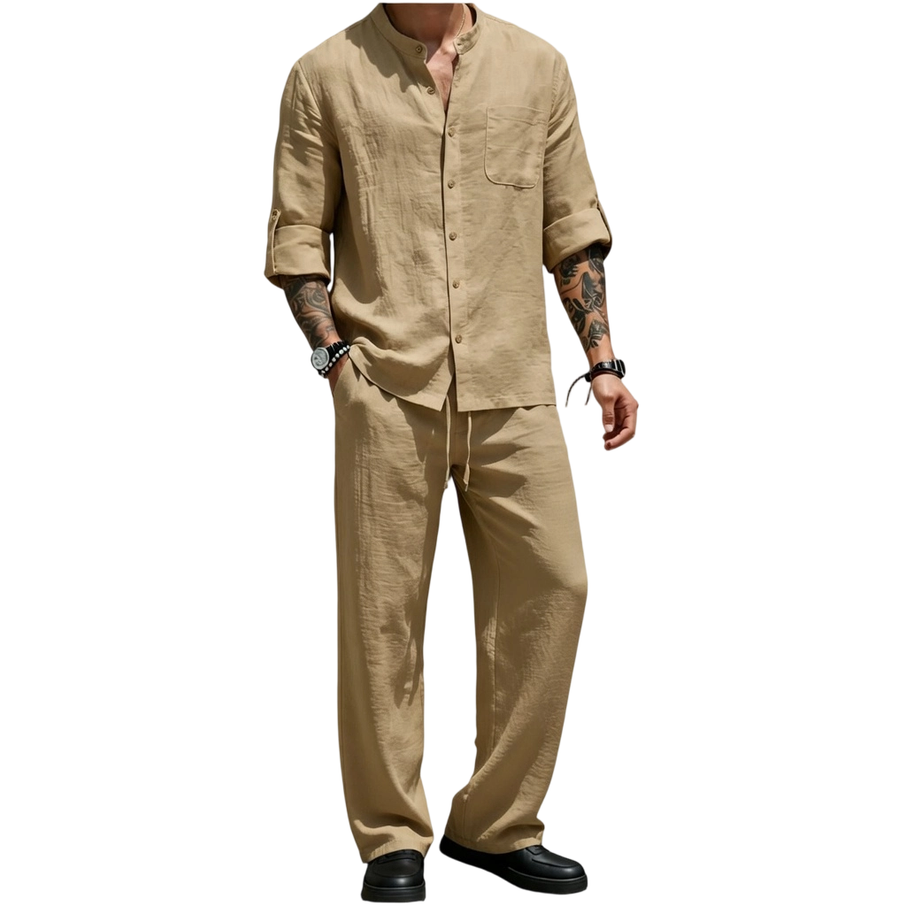 ๐๐Men's Linen Stand Collar Long Sleeve Button Shirt & Straight Leg Belted Pants Set