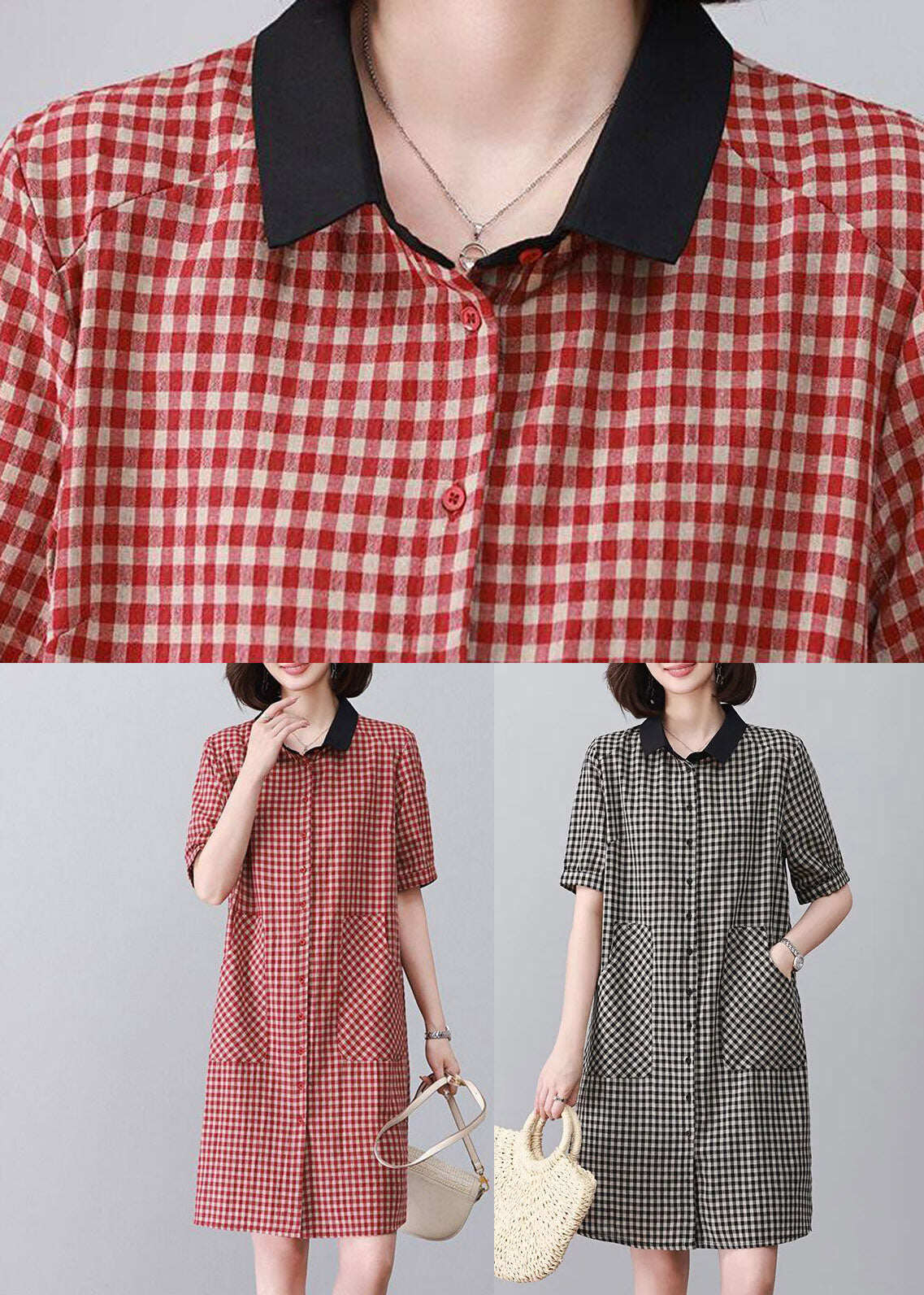 Black Plaid Side Open Mid Dresses Short Sleeve