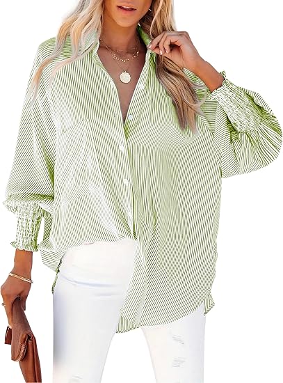 Women's Striped Print Button Front Frill Trim Raglan Sleeve Pocket Design Shirt Blouse
