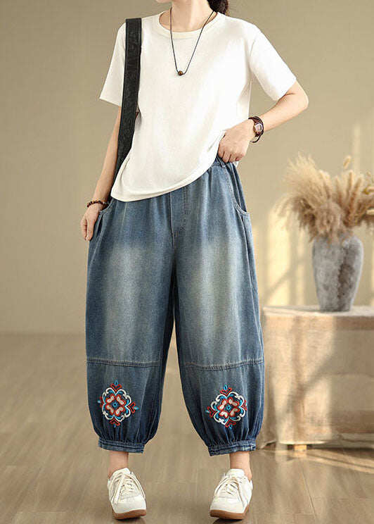 Loose Blue Embroidered Pockets Denim Crop Pants Summer