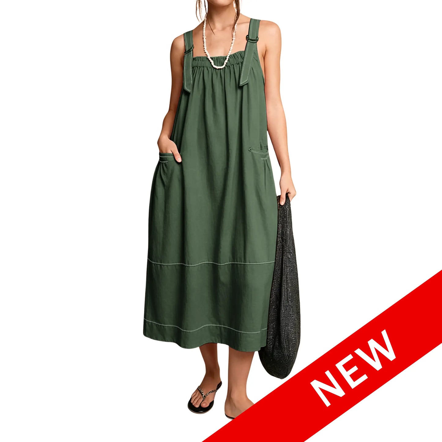 【End of Summer Sale】Women's Barrel Midi Dress Sleeveless Strappy Maxi Dress with Big Pockets