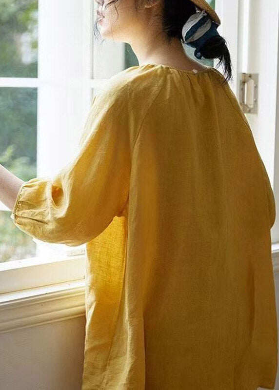 Elegant Yellow O-Neck Embroidered Patchwork Solid Linen Shirt Spring
