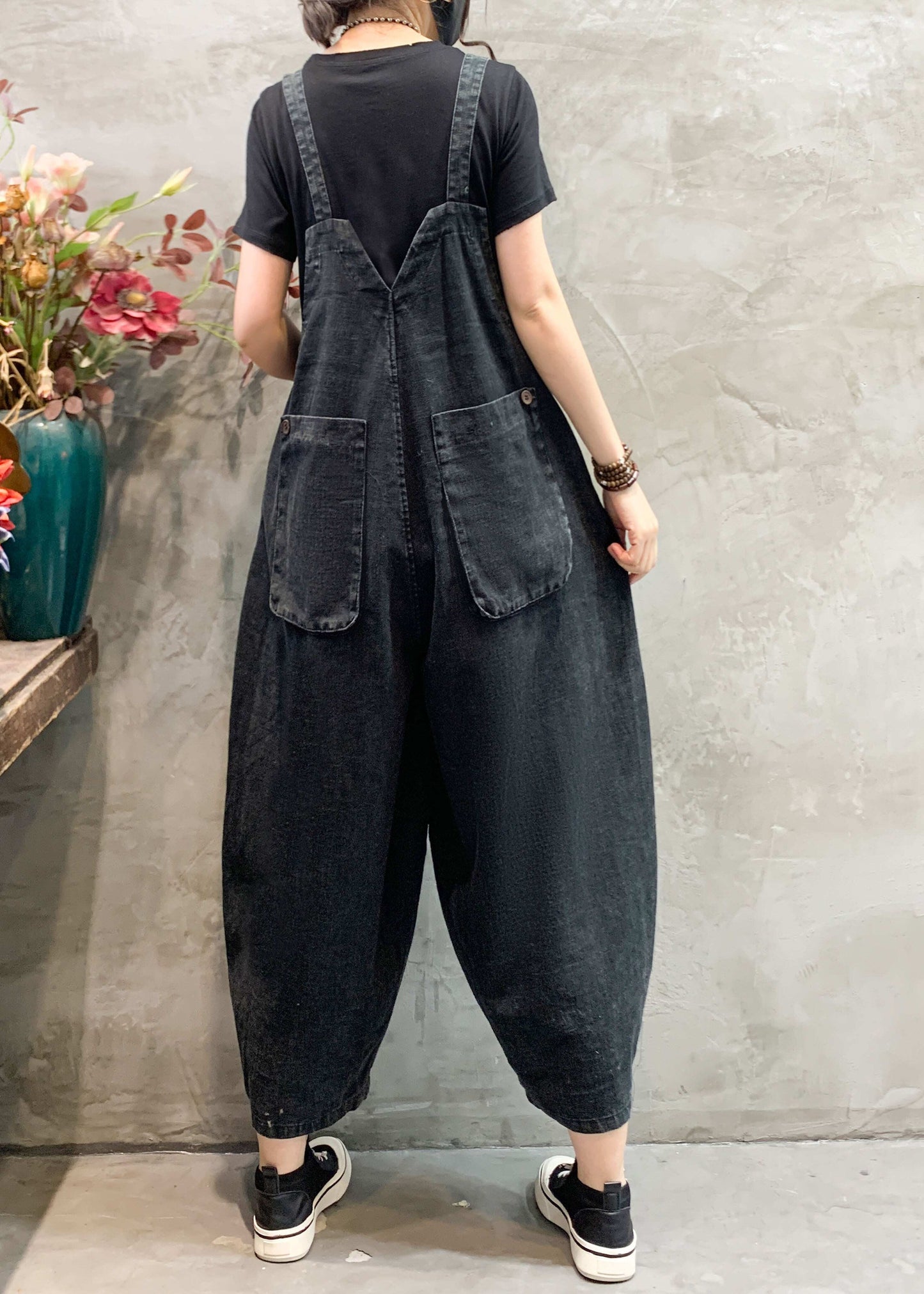 Women Black Pockets Plus Size Denim Jumpsuits Summer
