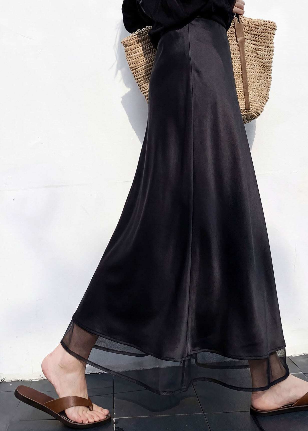 Italian Black Patchwork High Waist Silk Skirt Spring