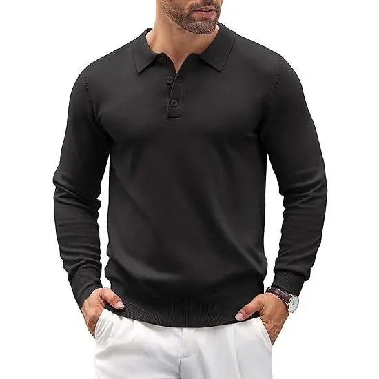 Men's Long Sleeve Knit Polo - Casual Button Down Golf Shirts for Men Formal Quarter