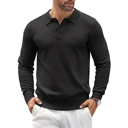 Men's Long Sleeve Knit Polo - Casual Button Down Golf Shirts for Men Formal Quarter