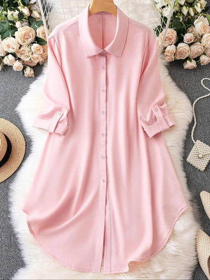 Plus-Size Solid Long Sleeve Button Up Blouse for Spring & Fall