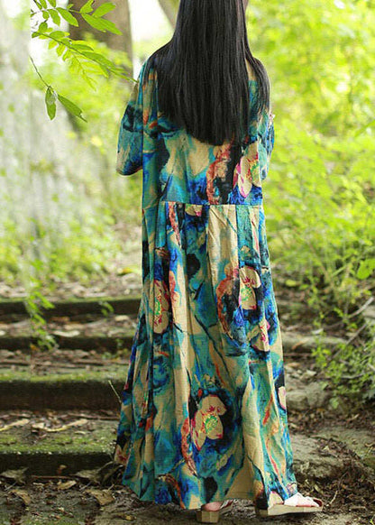 Vintage Blue Stand Collar Print Long Dress Short Sleeve