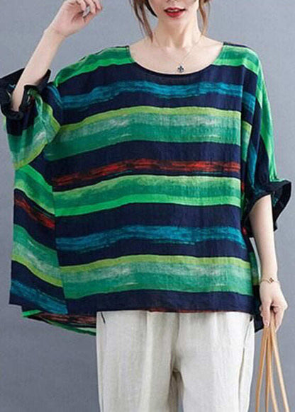 Women Green Striped Low High Design Top Summer