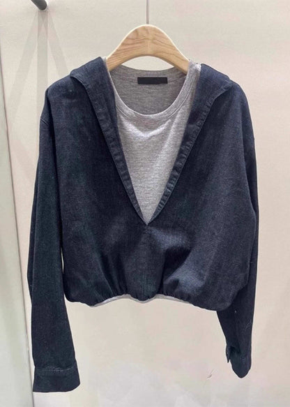 Chic Navy O Neck Patchwork False Two Pieces Cotton Top Spring