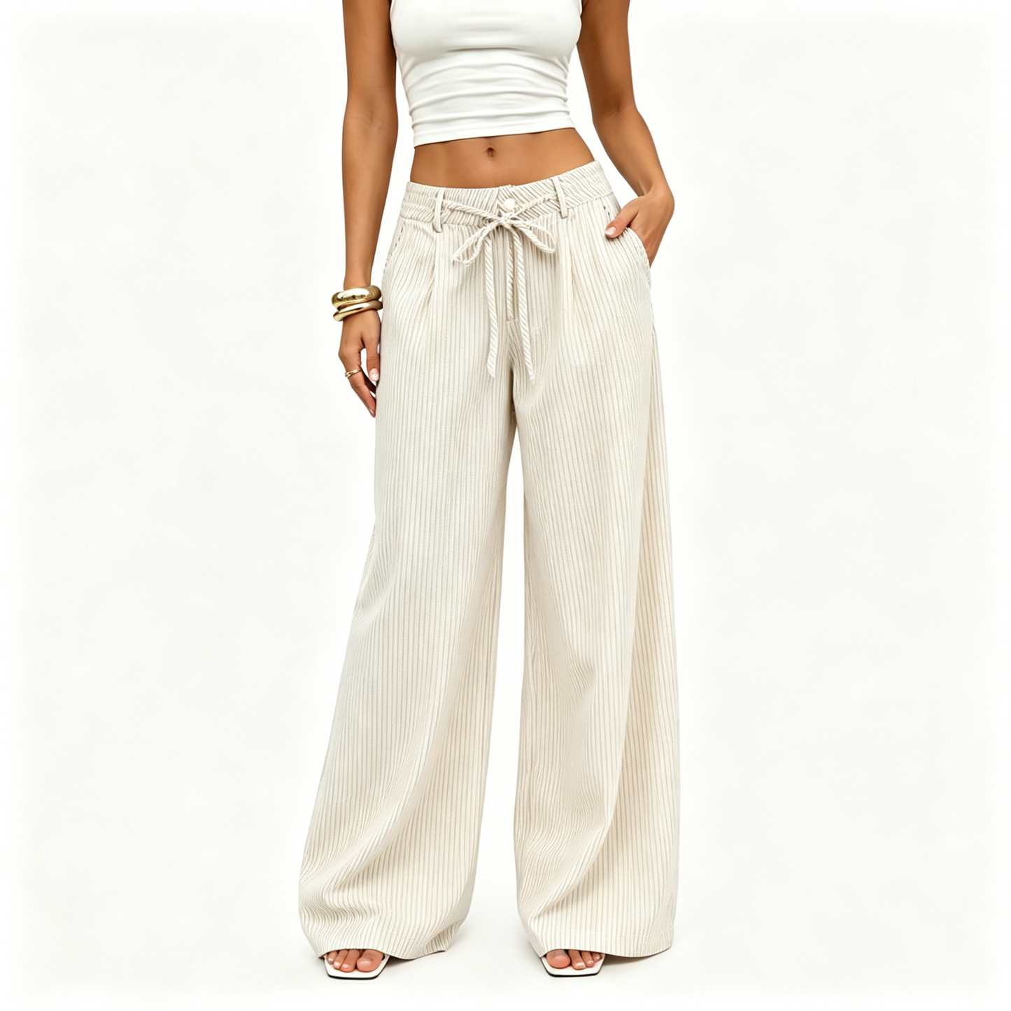 ⚡FINAL SALE⚡- Women's  Striped With Pockets Black Baggy Low Rise Wide Leg Pants