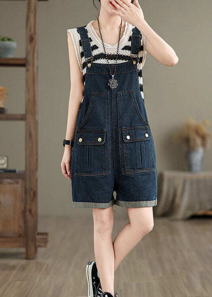 Women Navy Pockets Denim Overalls Jumpsuit Summer