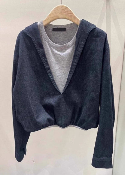 Chic Navy O Neck Patchwork False Two Pieces Cotton Top Spring