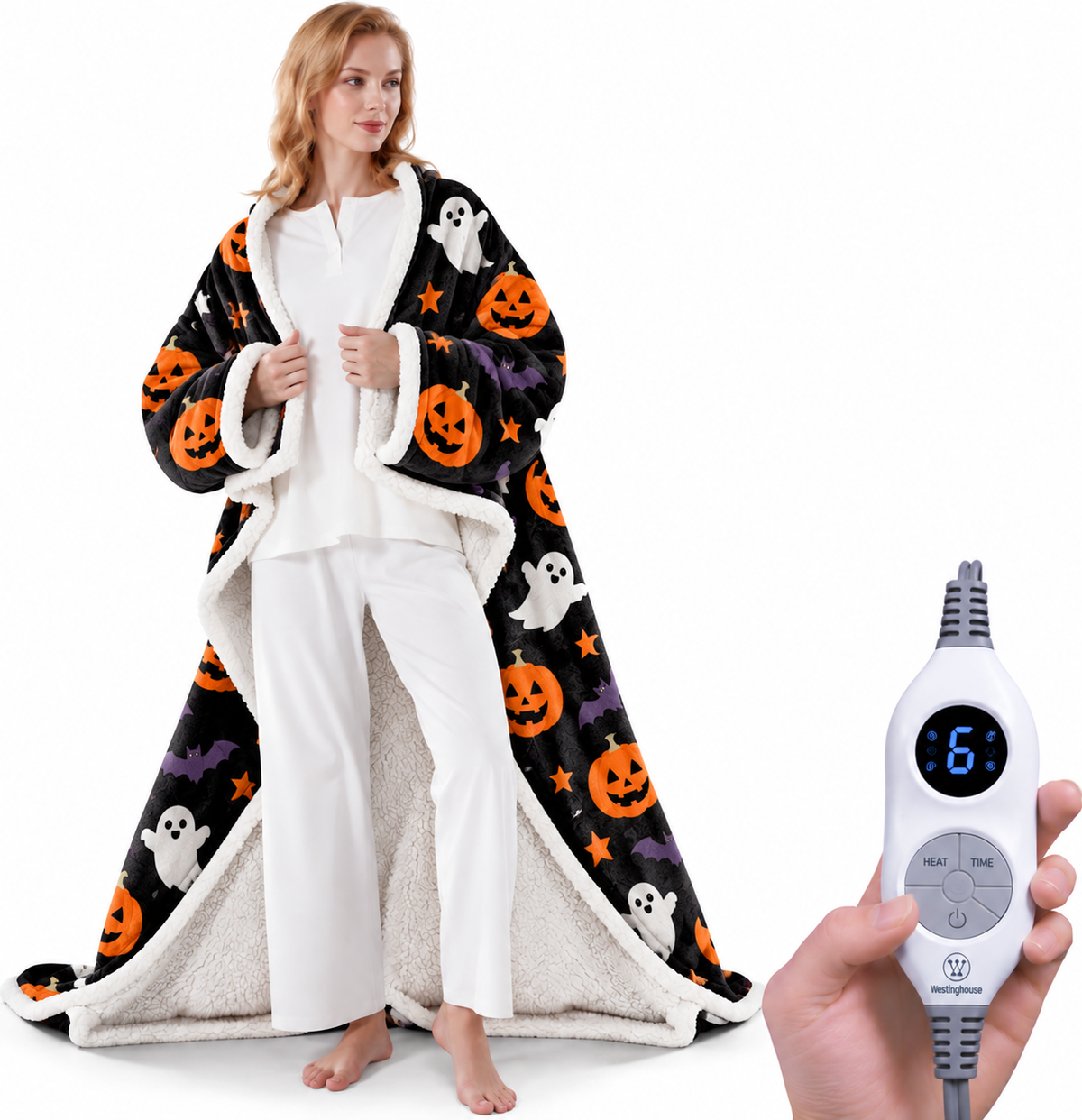 🔥 Wearable Heated Sherpa Blanket with Foot Pocket – Cozy Warmth & Auto Shut-Off
