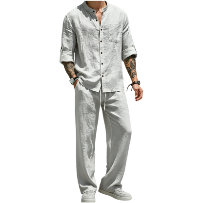 Men's Linen Stand Collar Long Sleeve Button Shirt & Straight Leg Belted Pants Set