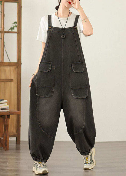 Unique Black Pockets Loose Denim Jumpsuit Spring