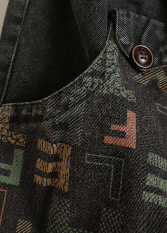 Vintage Black Pockets Graphic Print Denim Harem Pants Spring