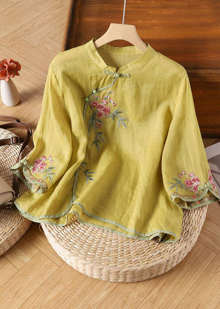Chinese Style Apricot Stand Collar Embroidered Tops Spring