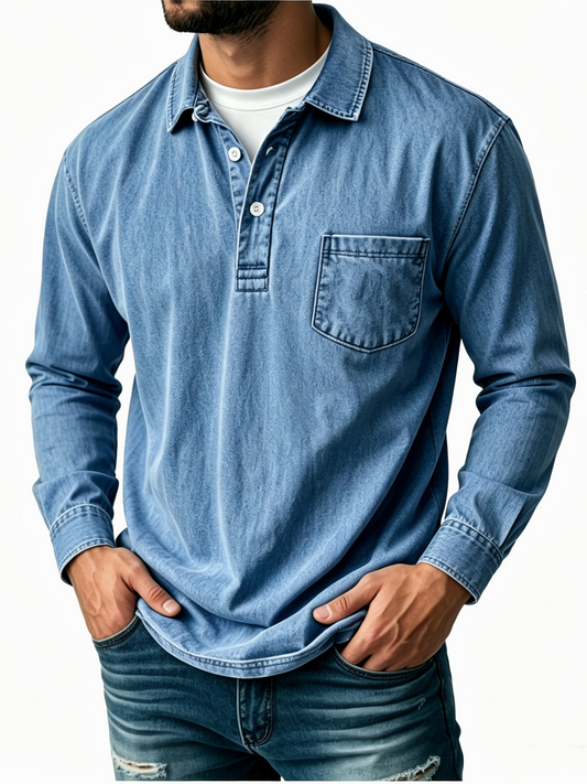 Men's Casual Washed Cotton-Linen Polo Shirt