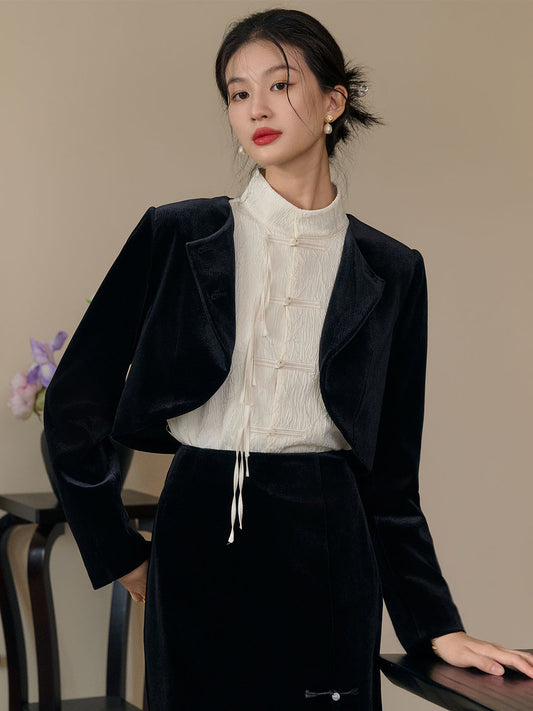 Classic Round Neck Velvet Cropped Jacket