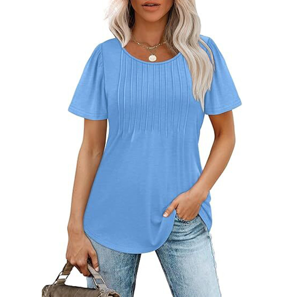 🔥Last Day Promotion🔥Womens T Shirts Short Sleeve Pleated Dressy Casual Scooped Neck Summer Tops Blouses
