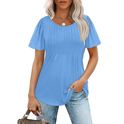 🔥Last Day Promotion🔥Womens T Shirts Short Sleeve Pleated Dressy Casual Scooped Neck Summer Tops Blouses