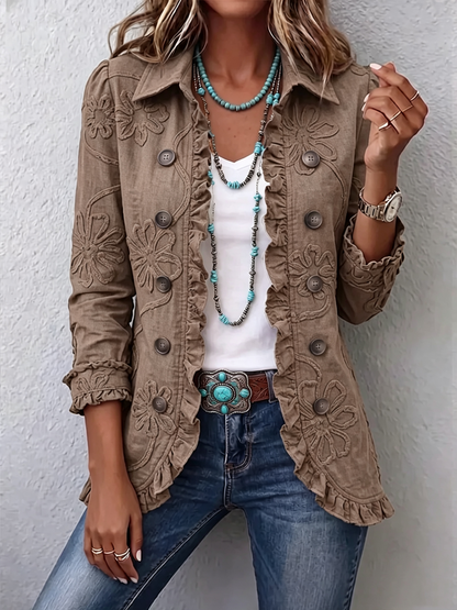 💝💝Boho-Chic Floral Embroidered Utility Ruffled Trim Jacket