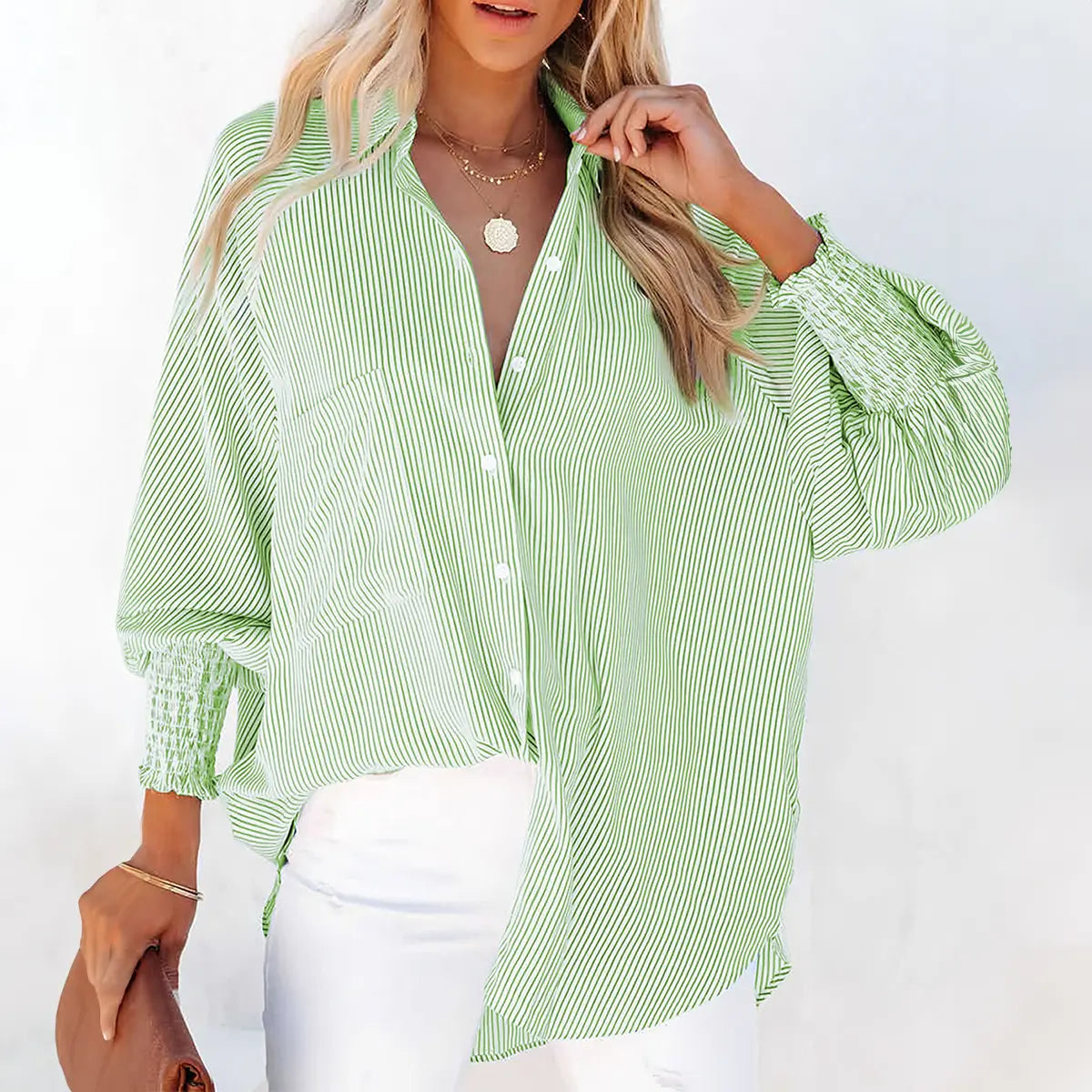 Women's Striped Print Button Front Frill Trim Raglan Sleeve Pocket Design Shirt Blouse
