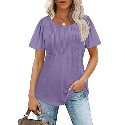 🔥Last Day Promotion🔥Womens T Shirts Short Sleeve Pleated Dressy Casual Scooped Neck Summer Tops Blouses