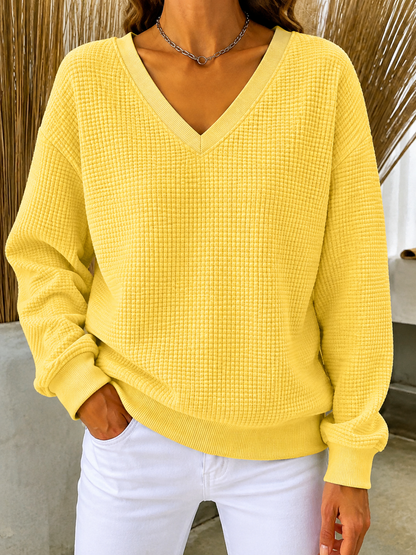 CLEARANCE SALE🔥Women's V‑Neck Waffle Knit Sweatshirt, Loose Long Sleeve Casual Blouse