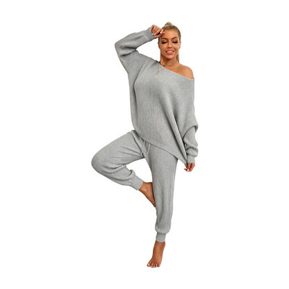 Women's Solid Drop Shoulder Sweater & Drawstring Waist Pants Two Piece Set
