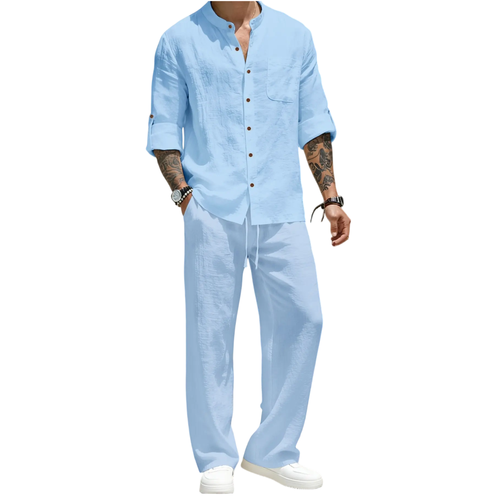 💝💝Men's Linen Stand Collar Long Sleeve Button Shirt & Straight Leg Belted Pants Set