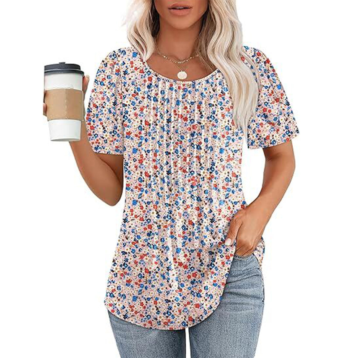 🔥Last Day Promotion🔥Womens T Shirts Short Sleeve Pleated Dressy Casual Scooped Neck Summer Tops Blouses