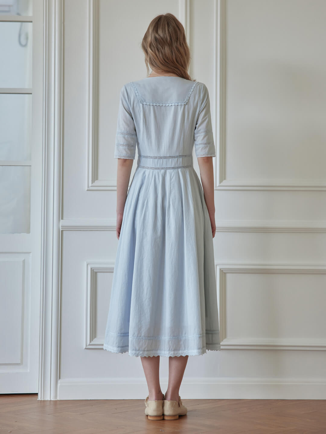 100% Cotton Gray Blue Midi Dress