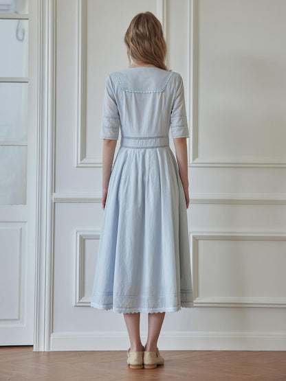 100% Cotton Gray Blue Midi Dress