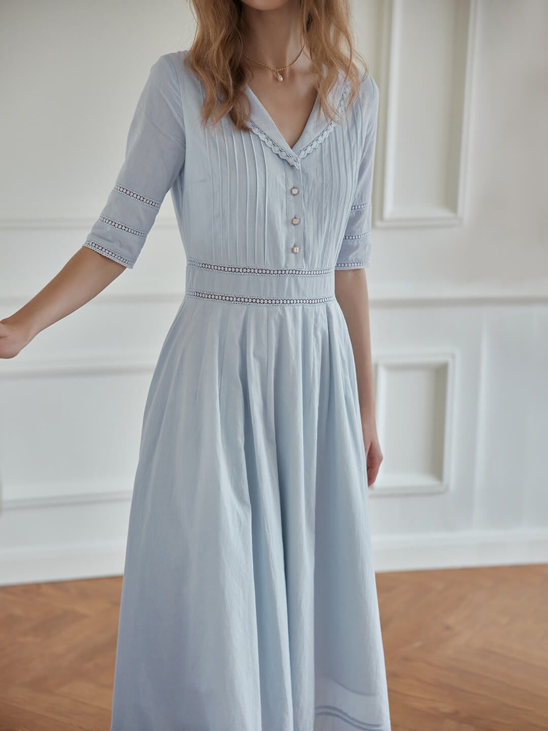 100% Cotton Gray Blue Midi Dress