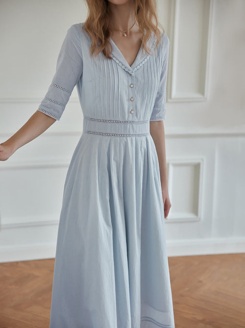 100% Cotton Gray Blue Midi Dress