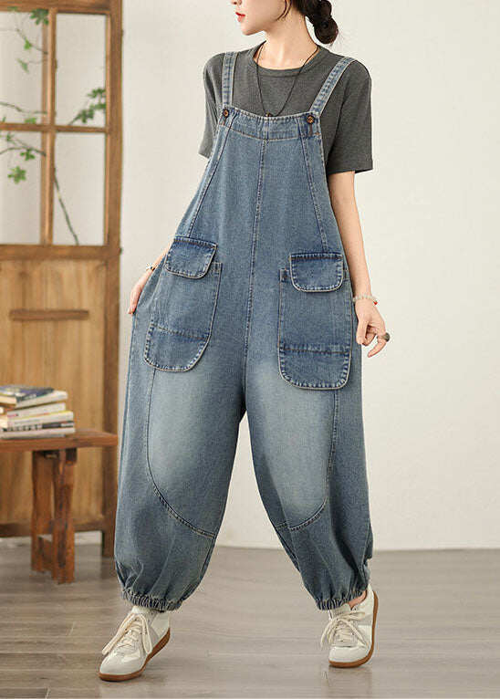 Blue Patchwork Casual Denim Jumpsuit Pockets Spring