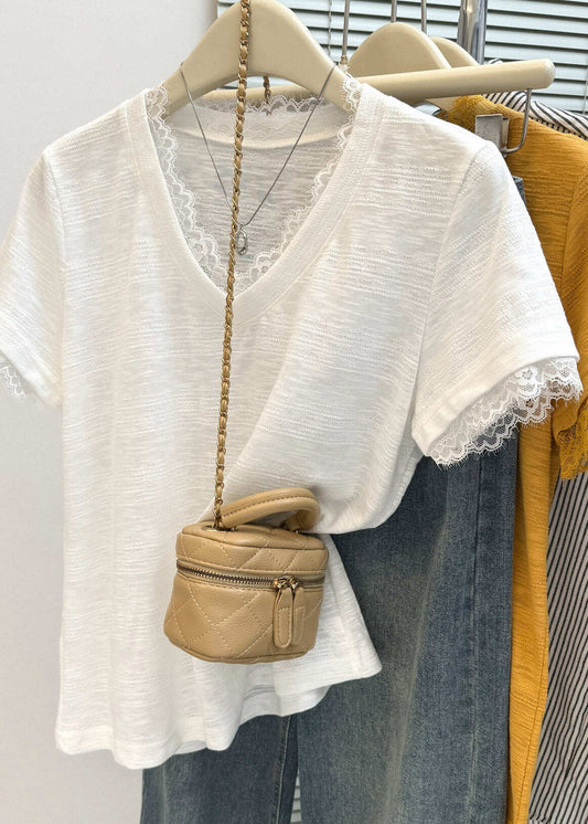 White V Neck Solid Top Short Sleeve