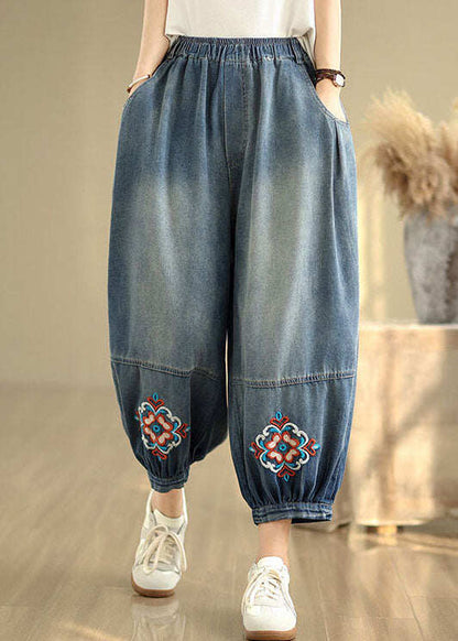 Loose Blue Embroidered Pockets Denim Crop Pants Summer