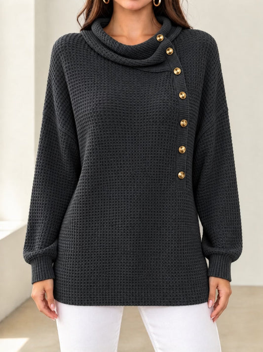 New Arrival🔥 Women's Cowl Neck Side Button Waffle Knit Sweater