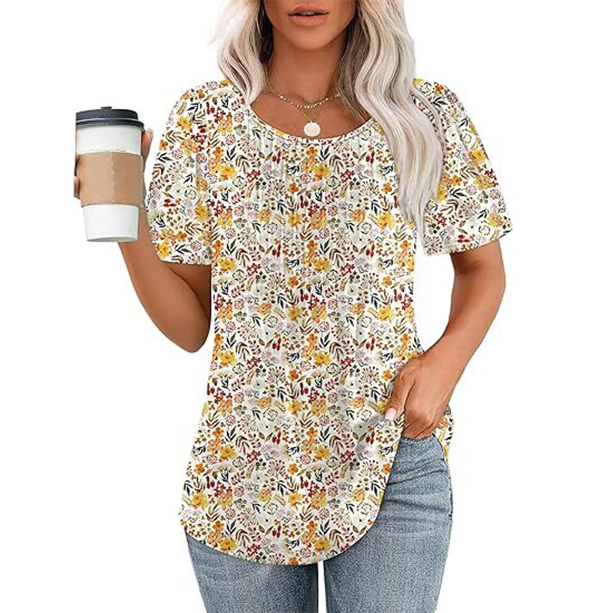 🔥Last Day Promotion🔥Womens T Shirts Short Sleeve Pleated Dressy Casual Scooped Neck Summer Tops Blouses