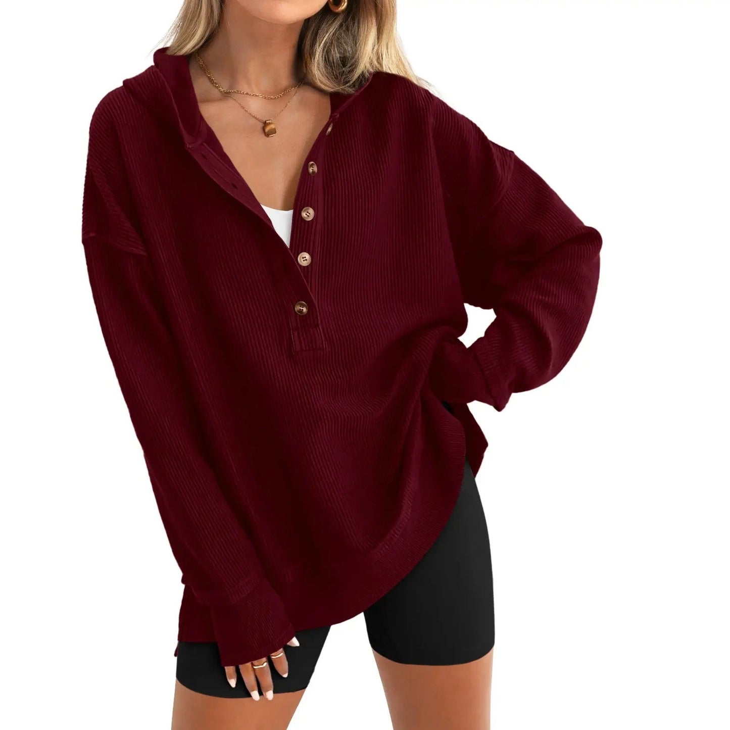 Women’s Oversized V-Neck Hoodie – Relaxed Button Pullover with Side Slits