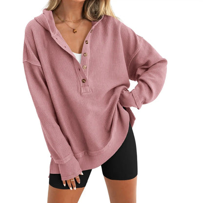 Women's Oversized Button V-Neck Hoodie Sweatshirt Long Sleeve Side Slit Casual Fall Pullover Top