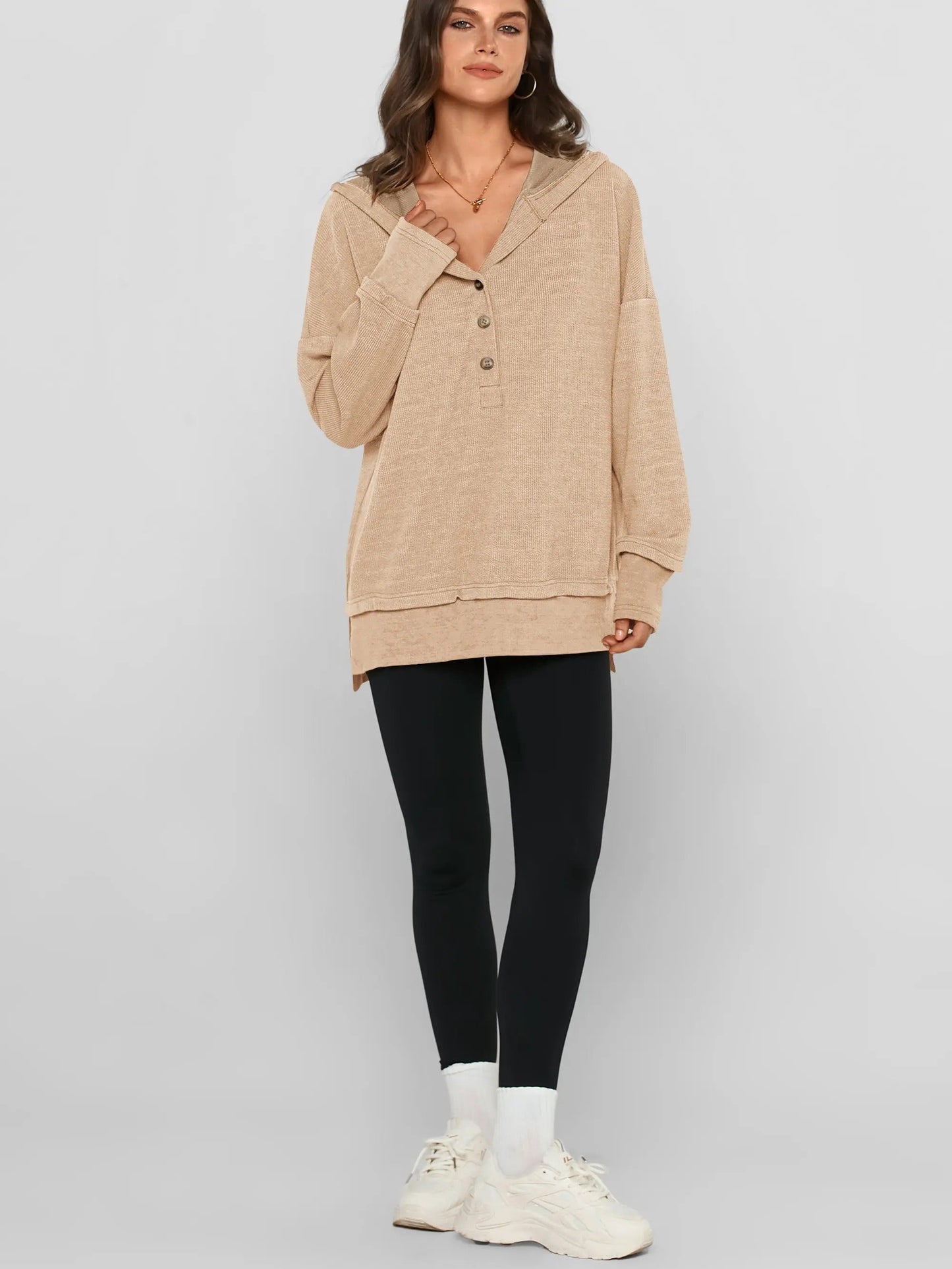 Women’s Oversized V-Neck Hoodie – Relaxed Button Pullover with Side Slits