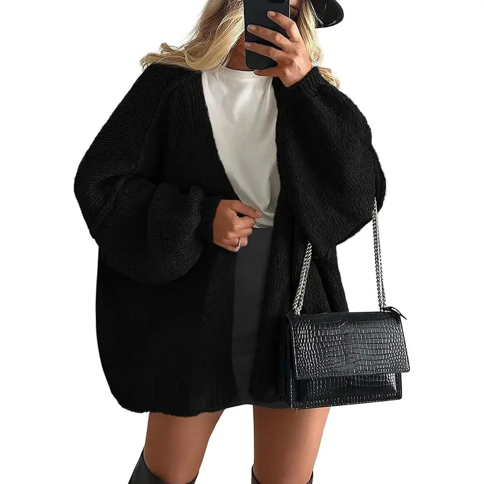 Women's Oversized Open Front Cardigan Sweater Fall Long Lantern Sleeve Lightweight Casual Knit Tops