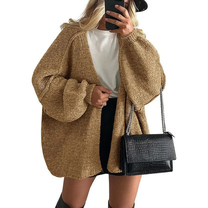 Women's Oversized Open Front Cardigan Sweater Fall Long Lantern Sleeve Lightweight Casual Knit Tops